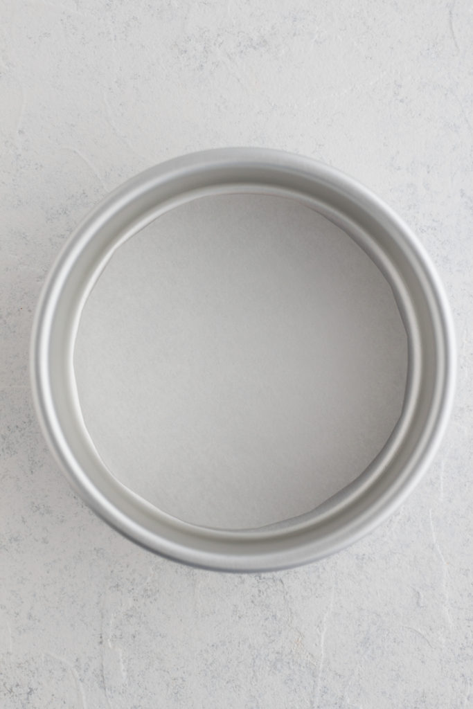 round cake pan lined with parchment paper