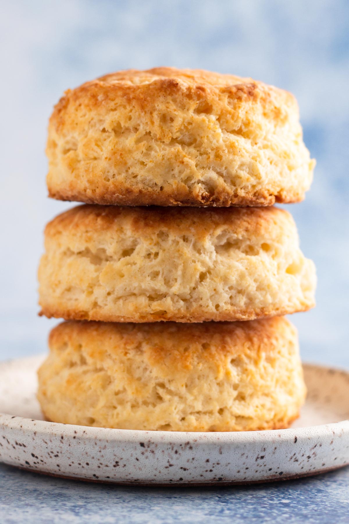 side view of biscuits stacked on a white speckled plate with a blue background