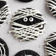 overhead view of mummy cookie on a gray surface