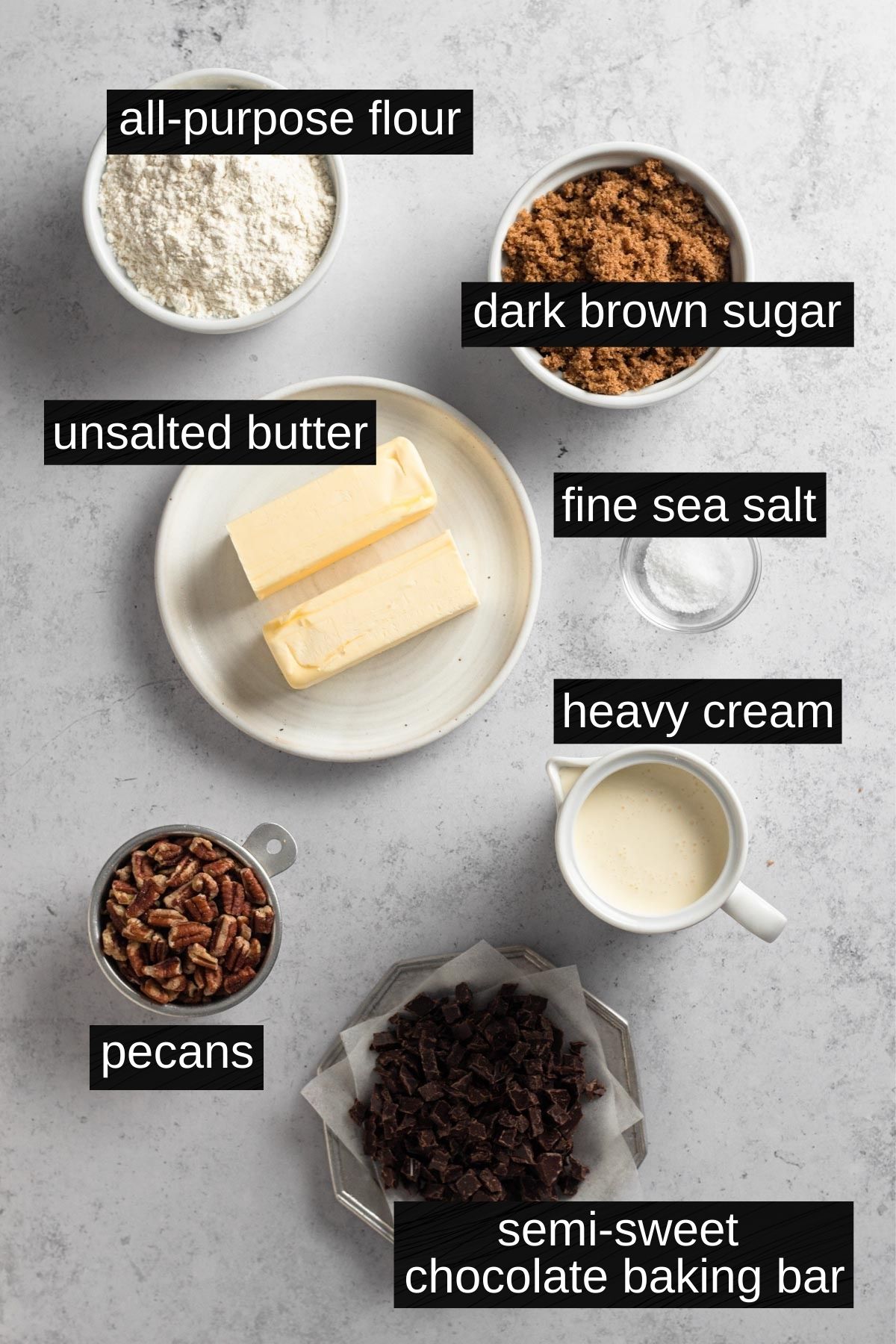 overhead view of recipe ingredients on a gray surface