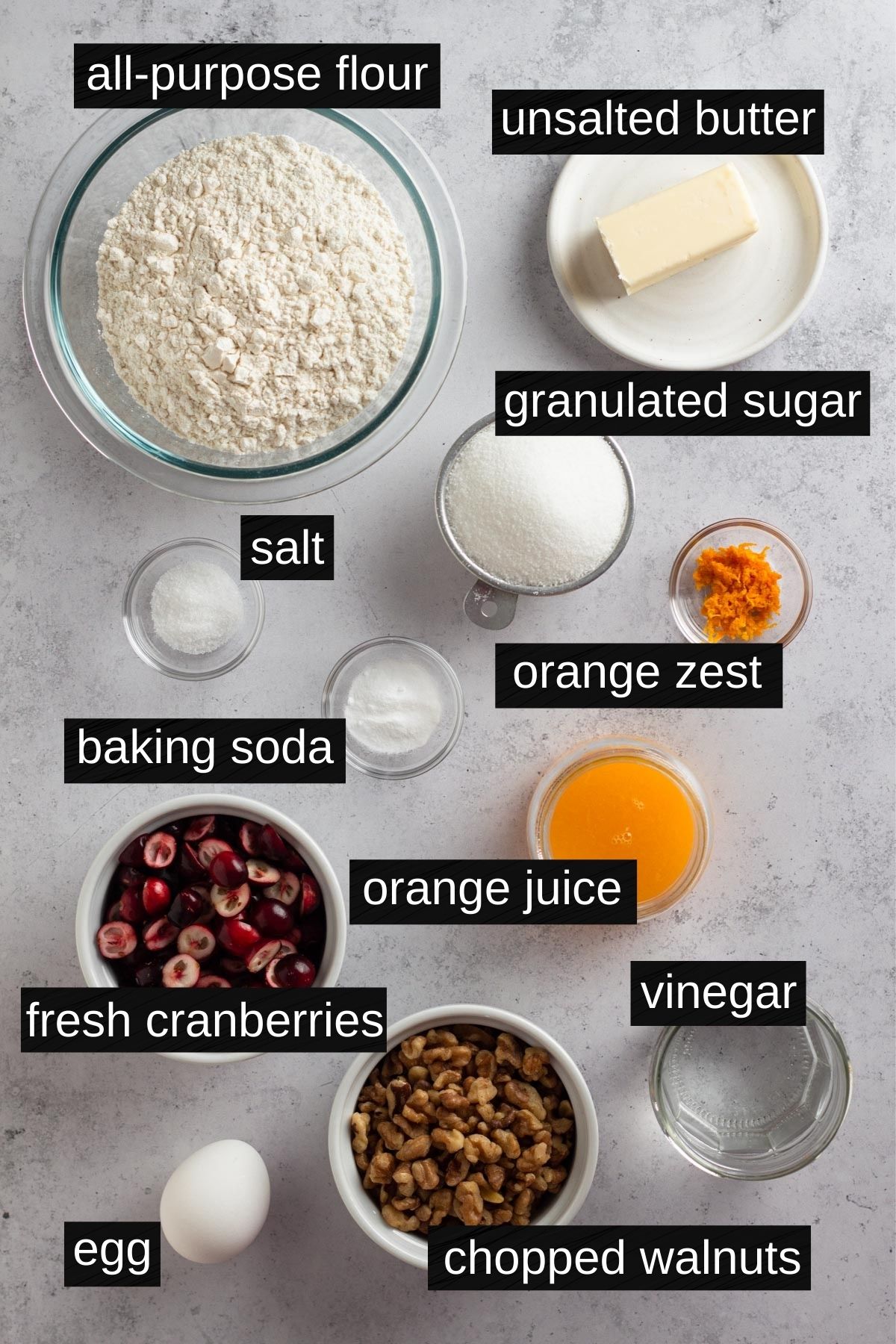 overhead view of recipe ingredients on a gray surface