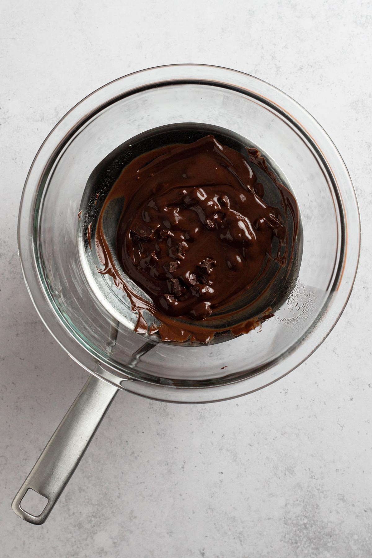 overhead view of melting chocolate in double boiler