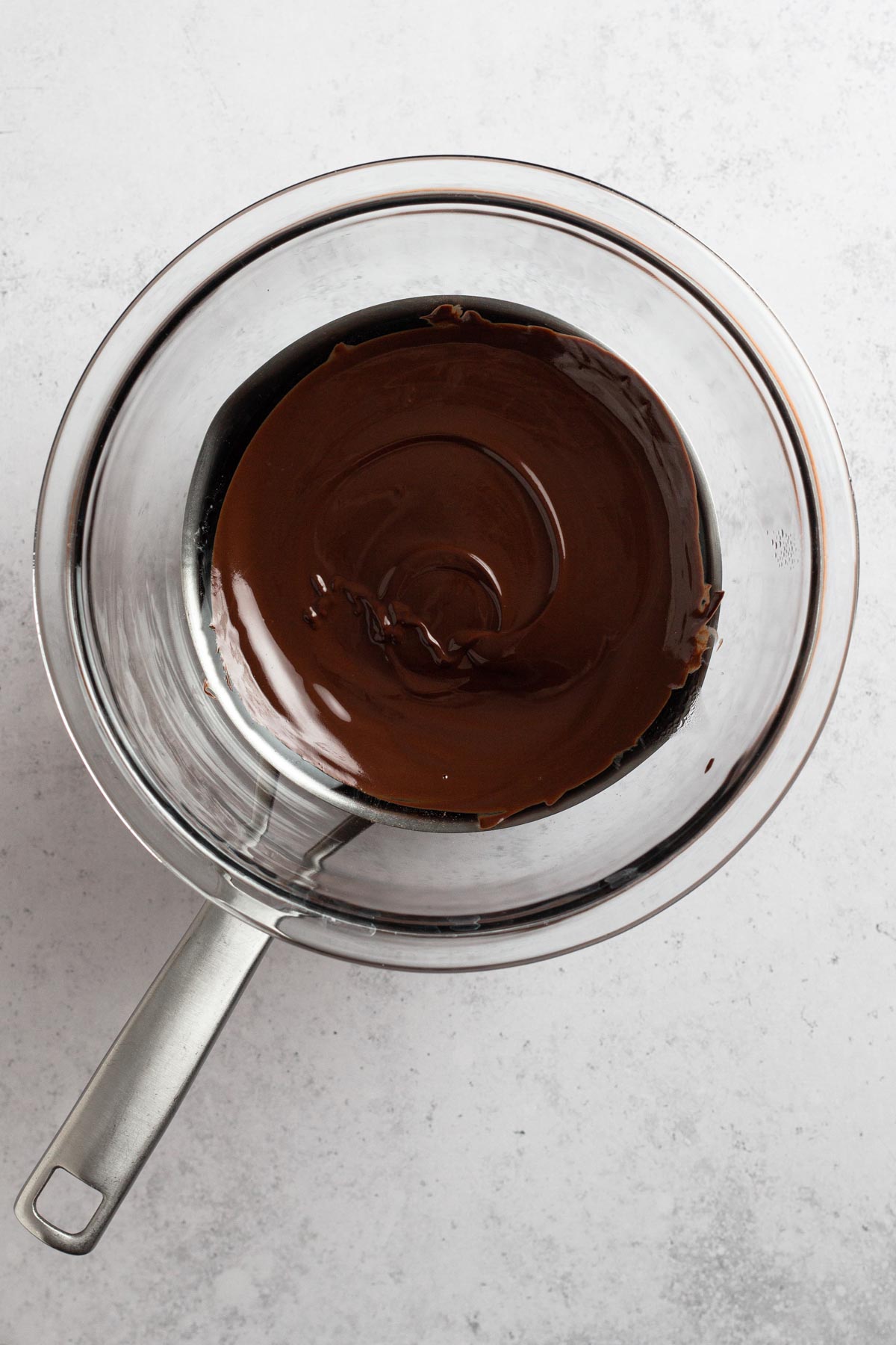 overhead view of melted chocolate in double boiler