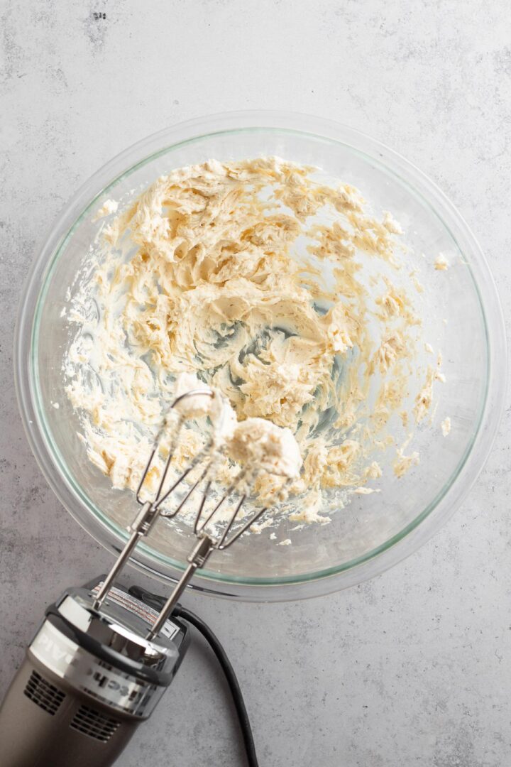whipped brown butter and cream cheese in a glass bowl