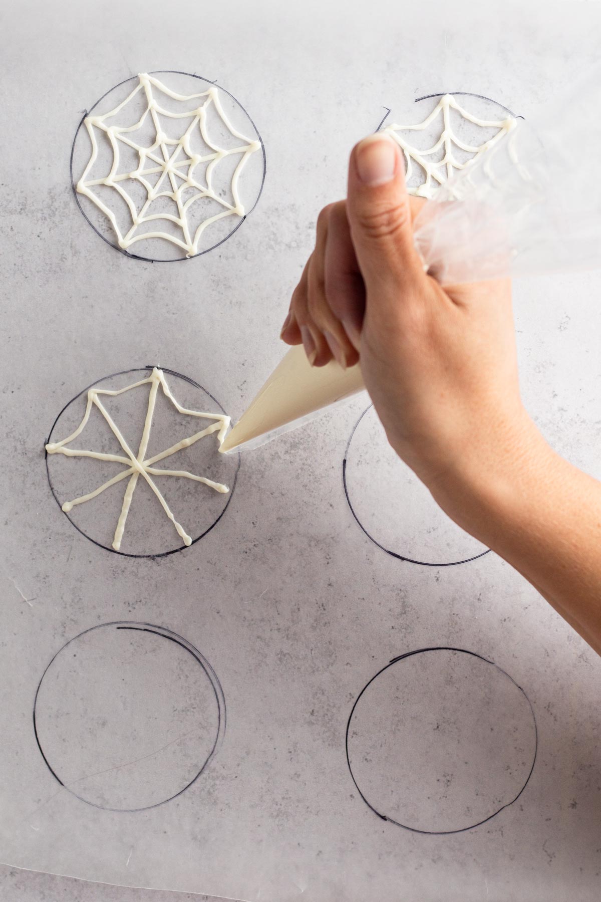 Hand piping swooped lined of melted white chocolate onto wax to create the outline of a spiderweb.