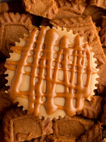 Mini cheesecake topped with a drizzle of cookie butter on top of a pile of biscoff cookies.