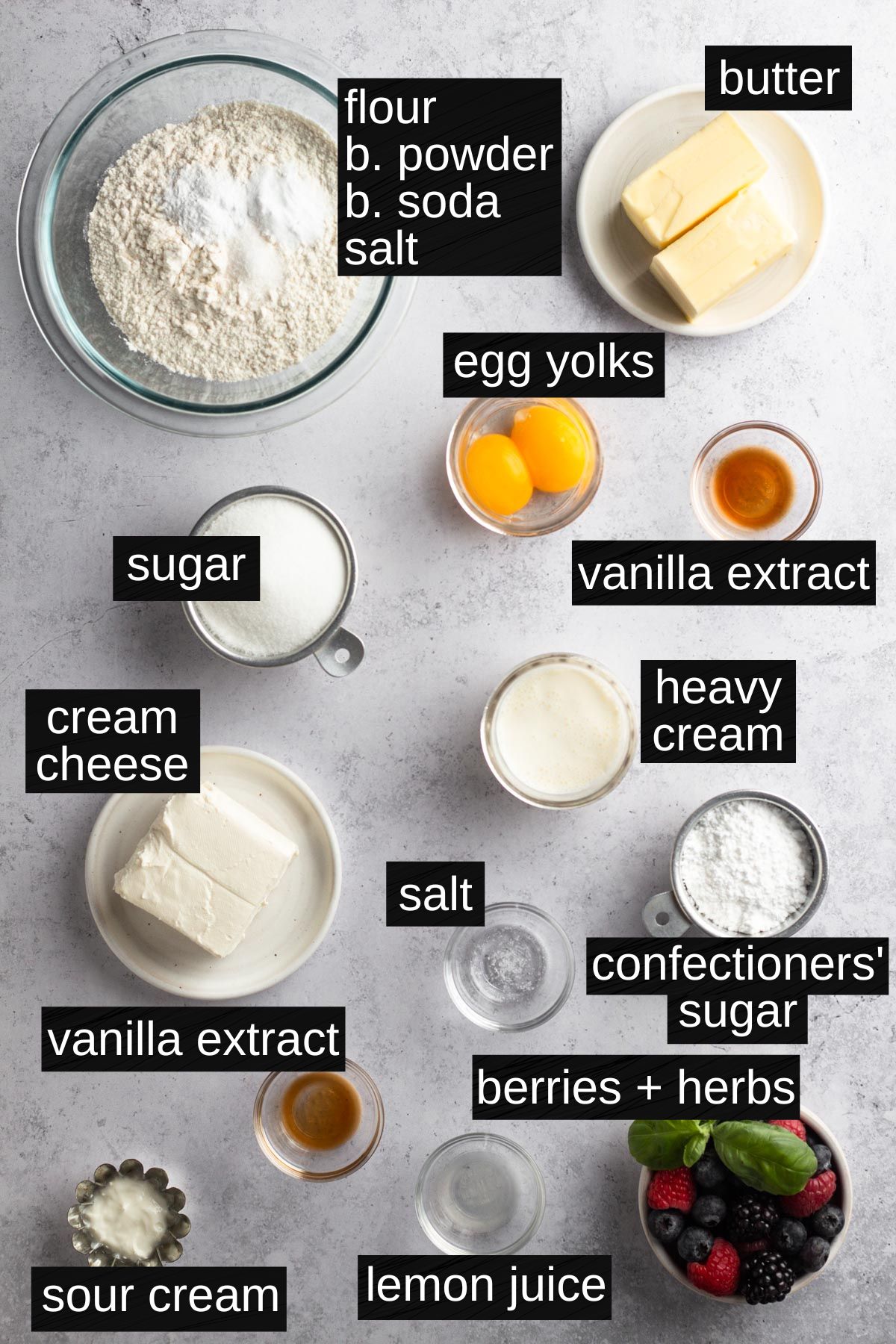 Recipe ingredients with labels on a gray surface.