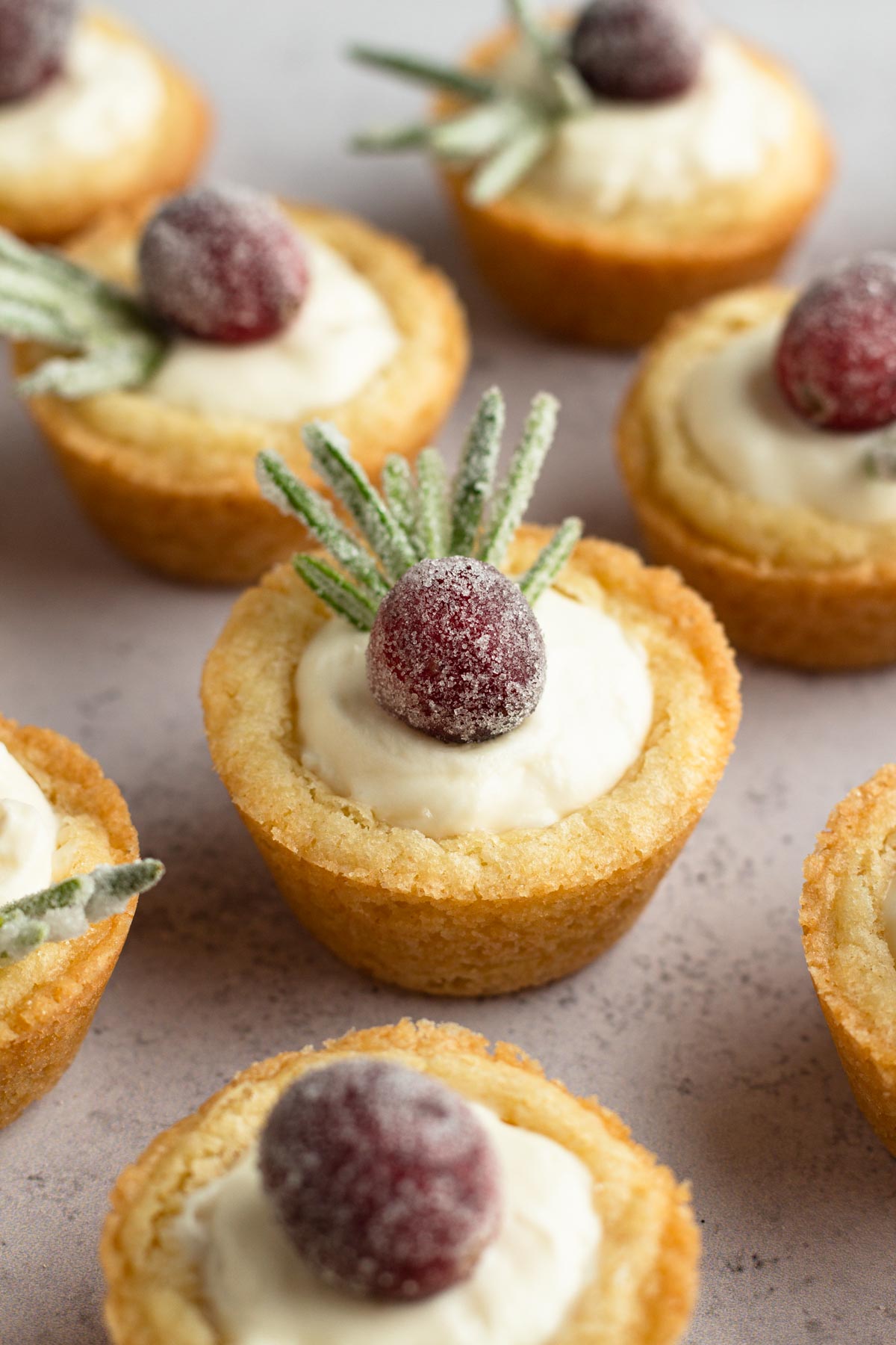Sugared cranberries and rosemary sprigs on top of mini fruit tarts.