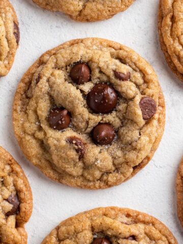 Overhead view of cookies on a white background.