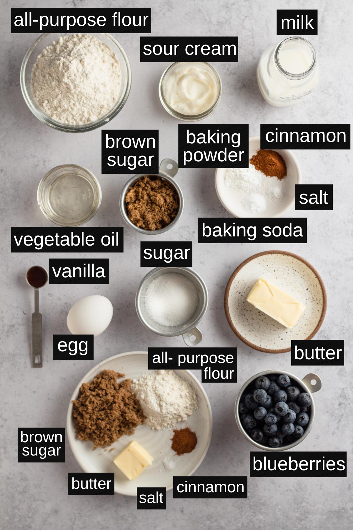 Recipe ingredients with labels on a white surface.