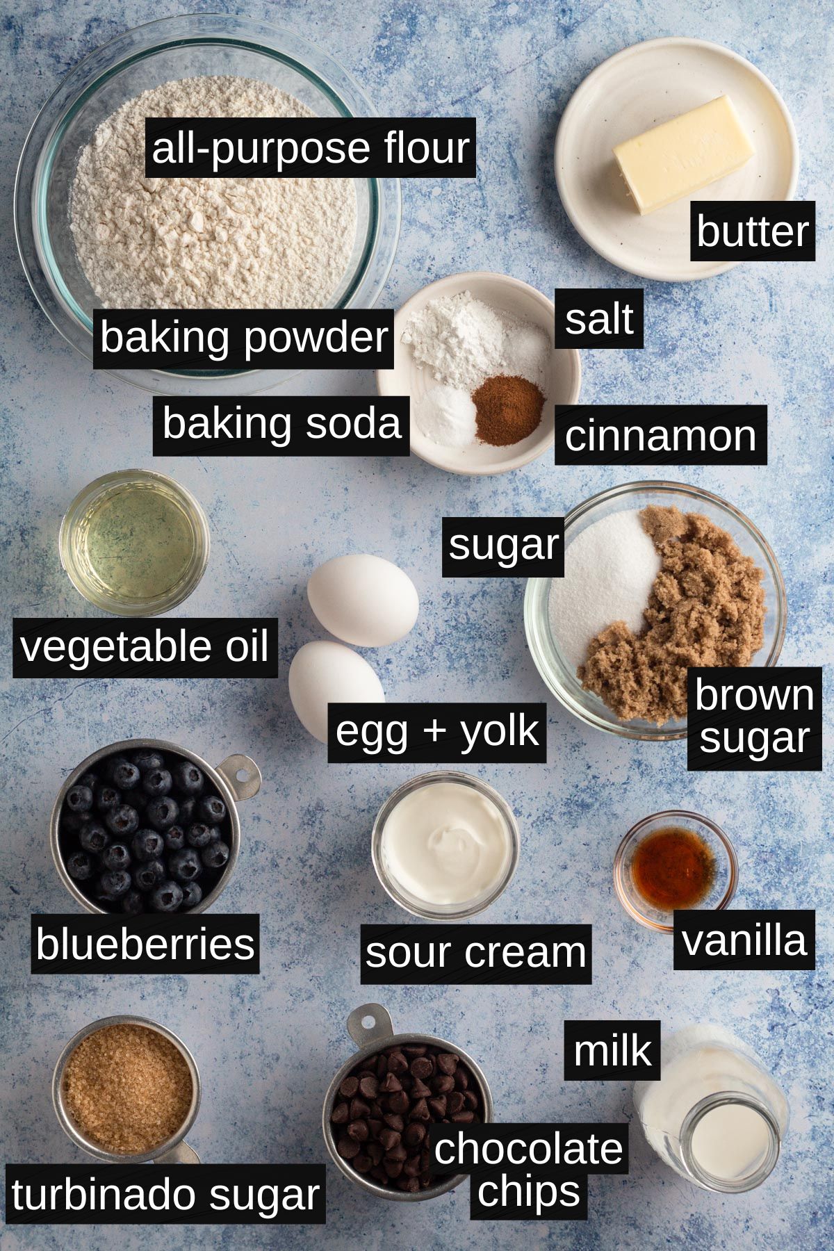 Recipe ingredients with labels on a blue surface.