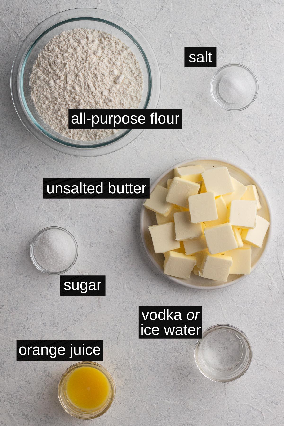 Recipe ingredients with labels on a white background.