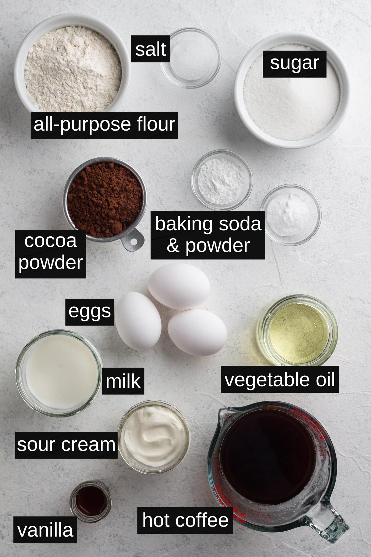 Cake ingredients with labels on a white background.
