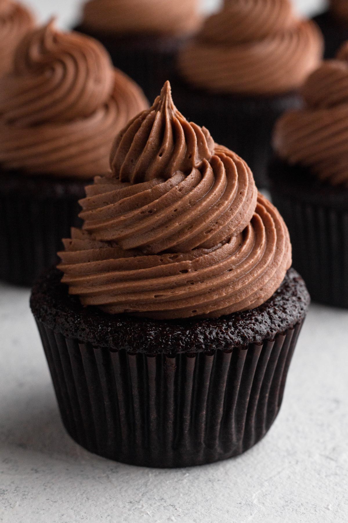 Chocolate cupcake topped with a swirl of light brown chocolate frosting.