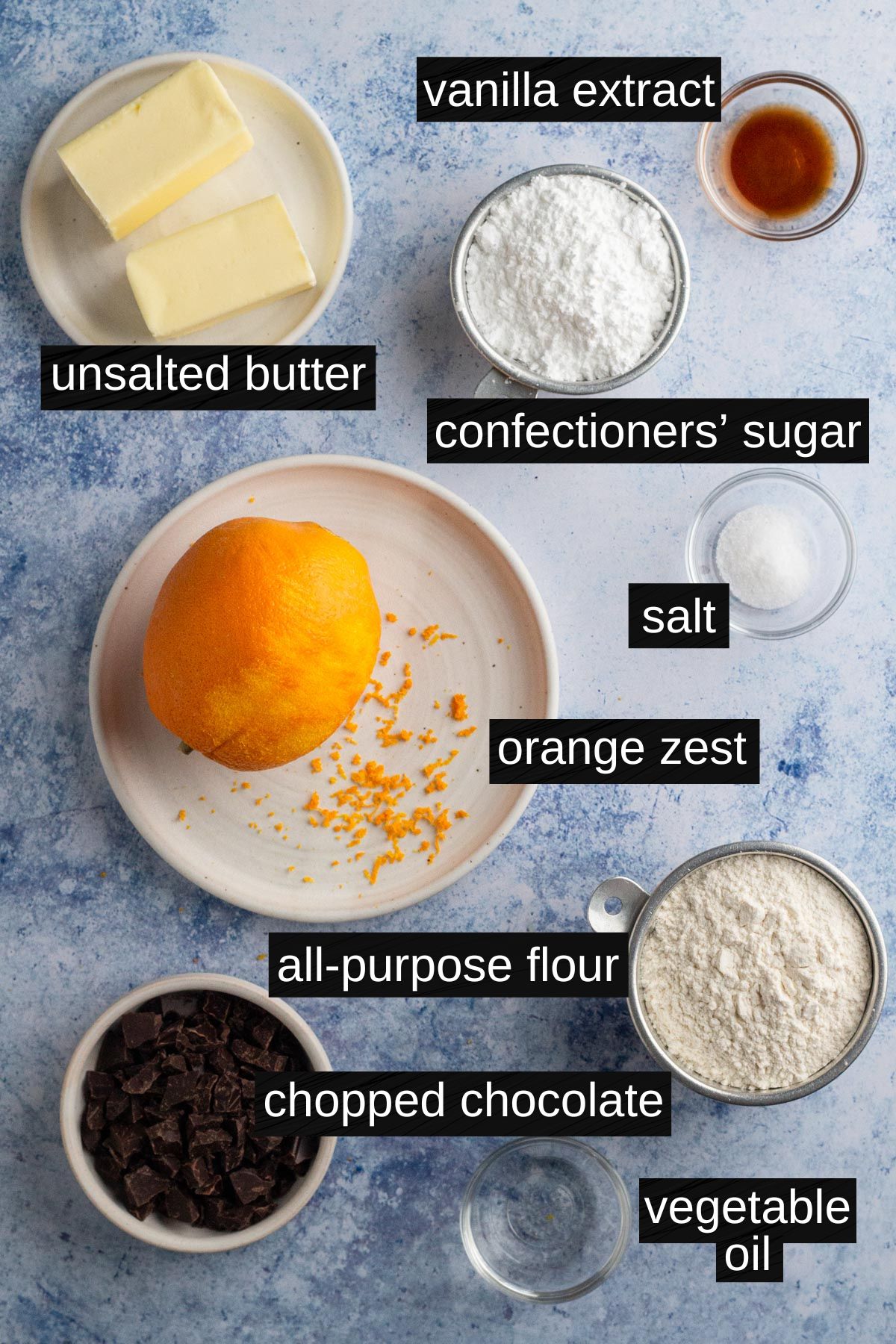 Recipe ingredients with labels on a blue background.