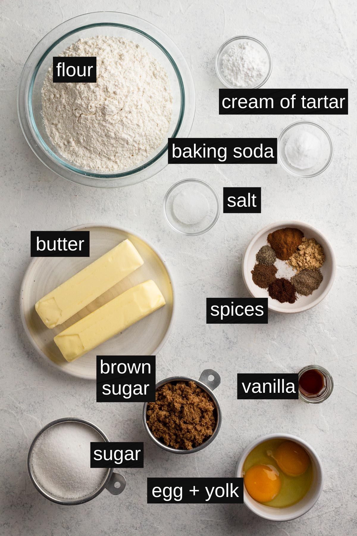 Recipe ingredients with labels on a white background.