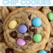 Stacked cookies with pastel M&Ms and chocolate chips and a text overlay.