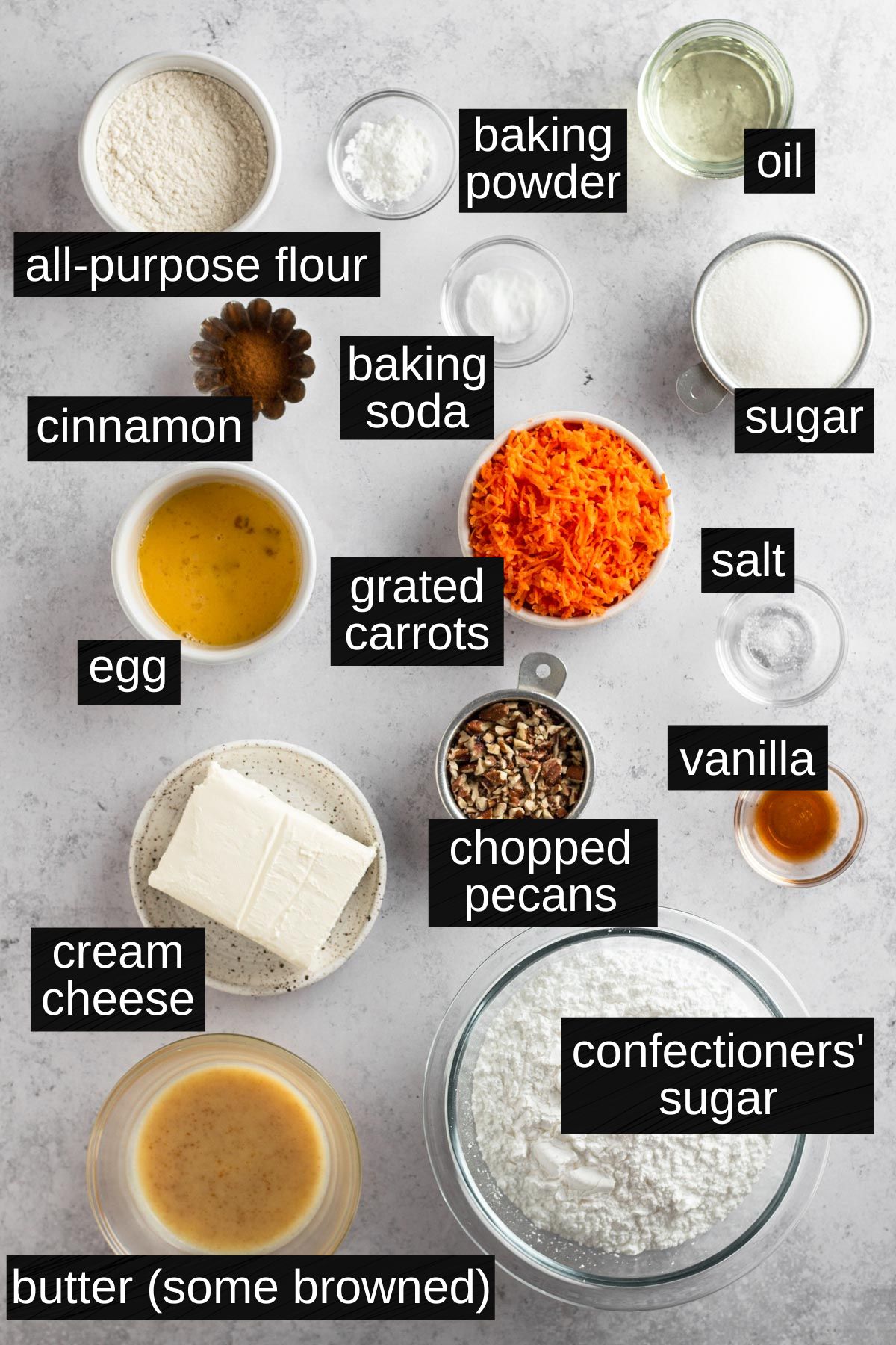 Recipe ingredients with labels on a white surface.