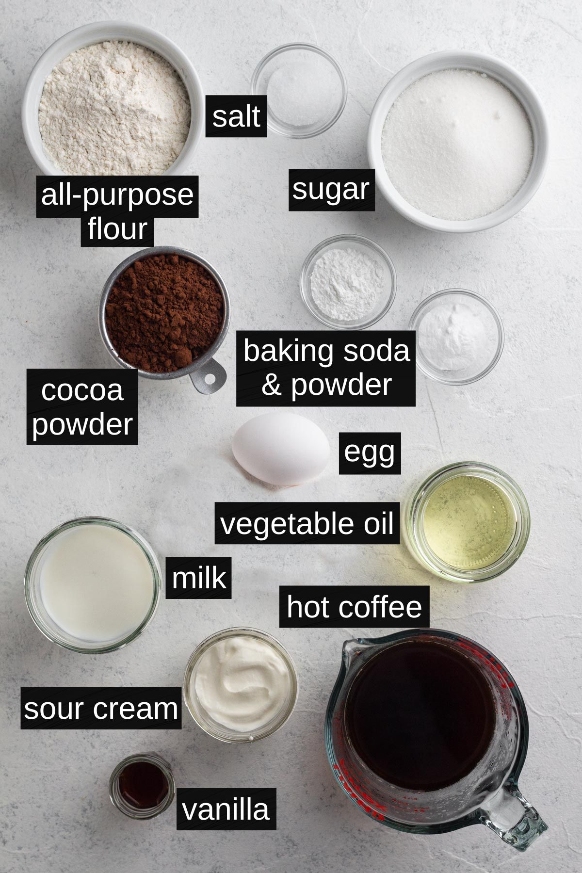 Chocolate cake layer ingredients with labels on a white background.