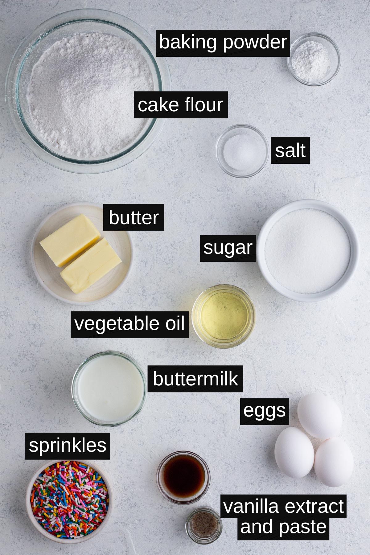 Cake ingredients with labels on a white background.