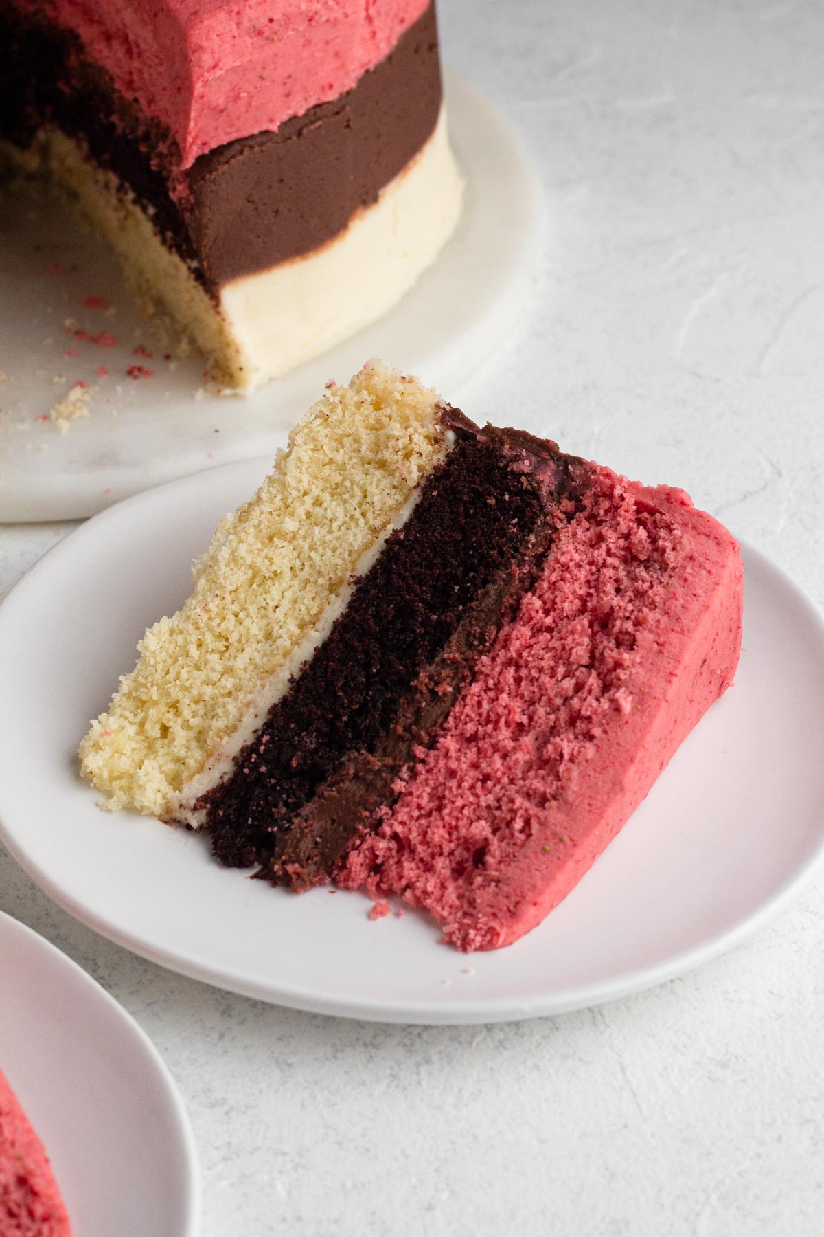 A slice of neapolitan cake on a white cake plate.