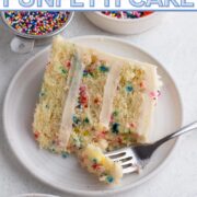 Slice of cake with a forkful of cake on a white plate with a text overlay.