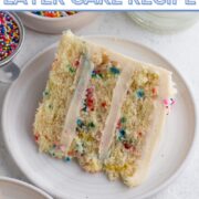 Slice of cake on a white plate with a text overlay.