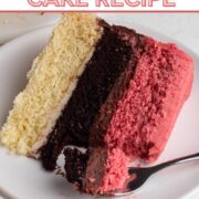 A slice of neapolitan cake and a forkful of cake with a text overlay.