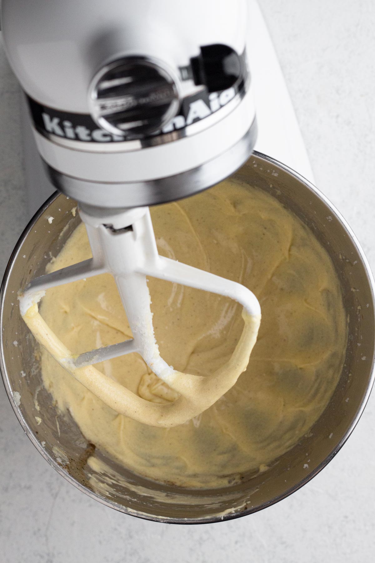 Wet ingredients beaten together in a stand mixer.
