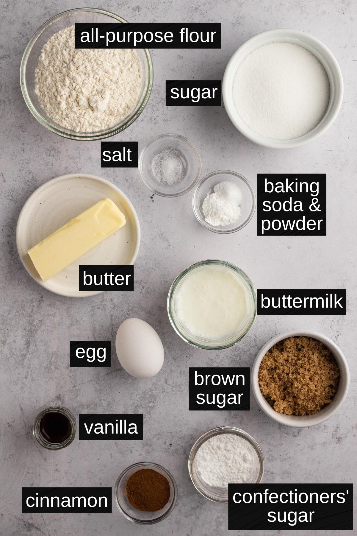 Recipe ingredients with labels on a gray background.