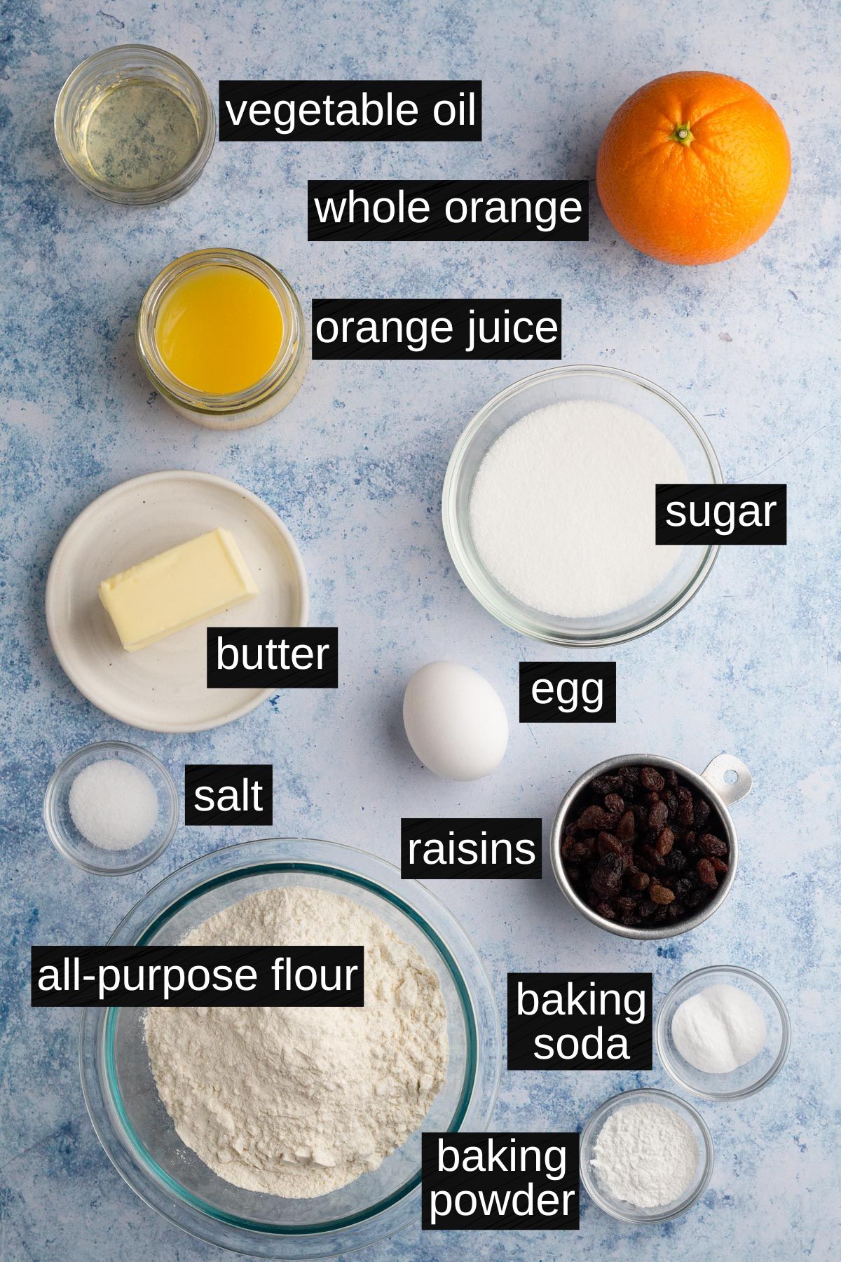 Recipe ingredients with labels on a blue background.