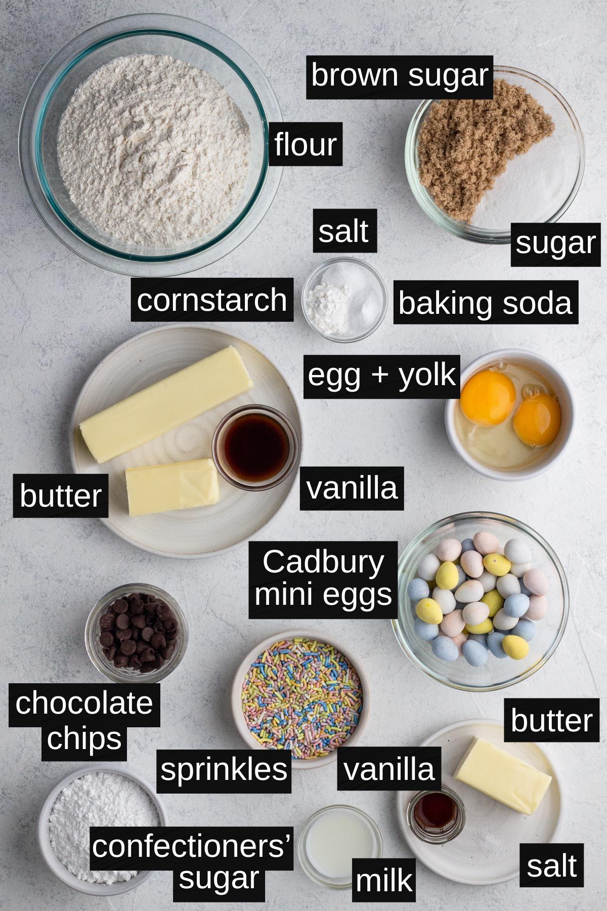 Recipe ingredients with labels on a white background.
