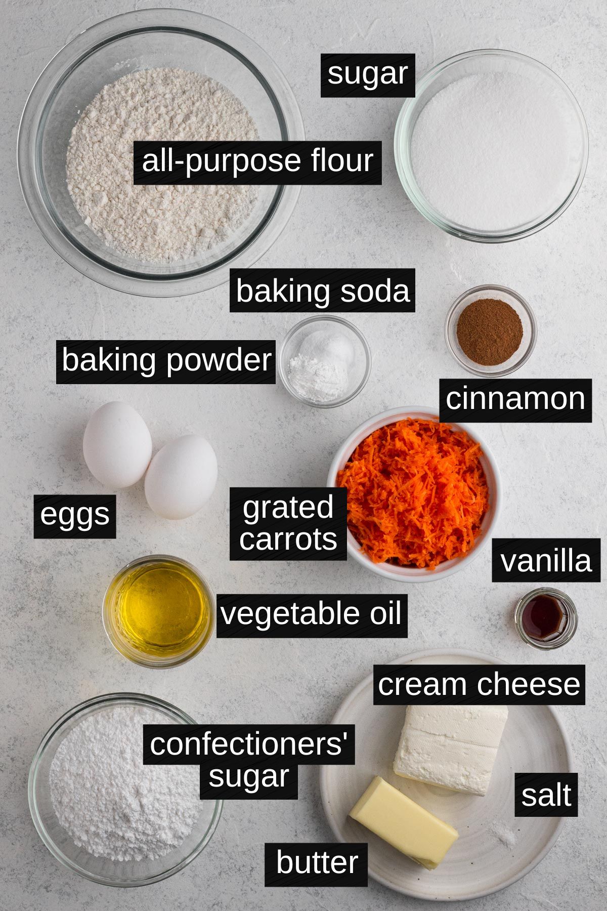 Recipe ingredients with labels on a white background.