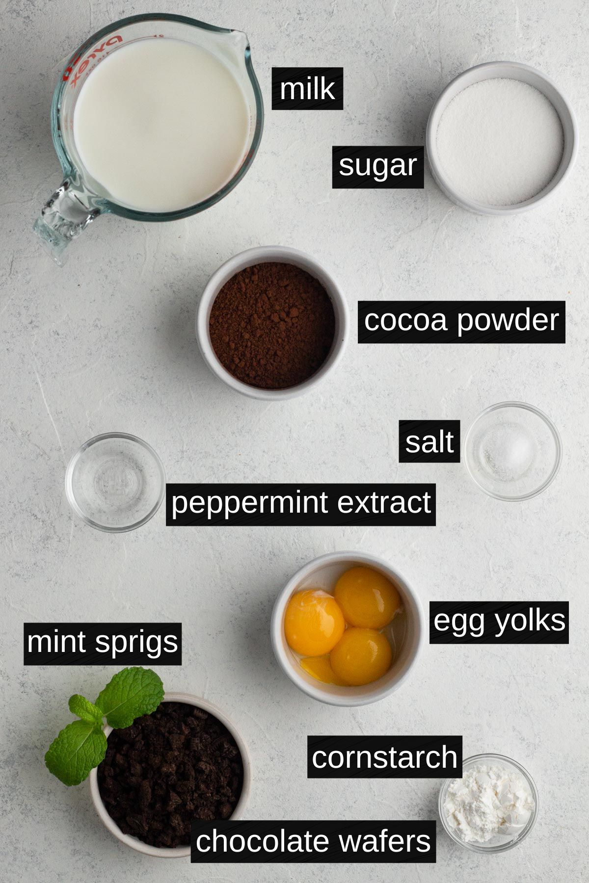 Recipe ingredients with labels on a white surface.