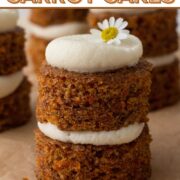 Bite-sized carrot cakes stacked with cream cheese frosting with a text overlay.