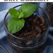 Chocolate pudding in a glass cup topped with crushed chocolate wafers and a sprig of fresh mint with a text overlay.