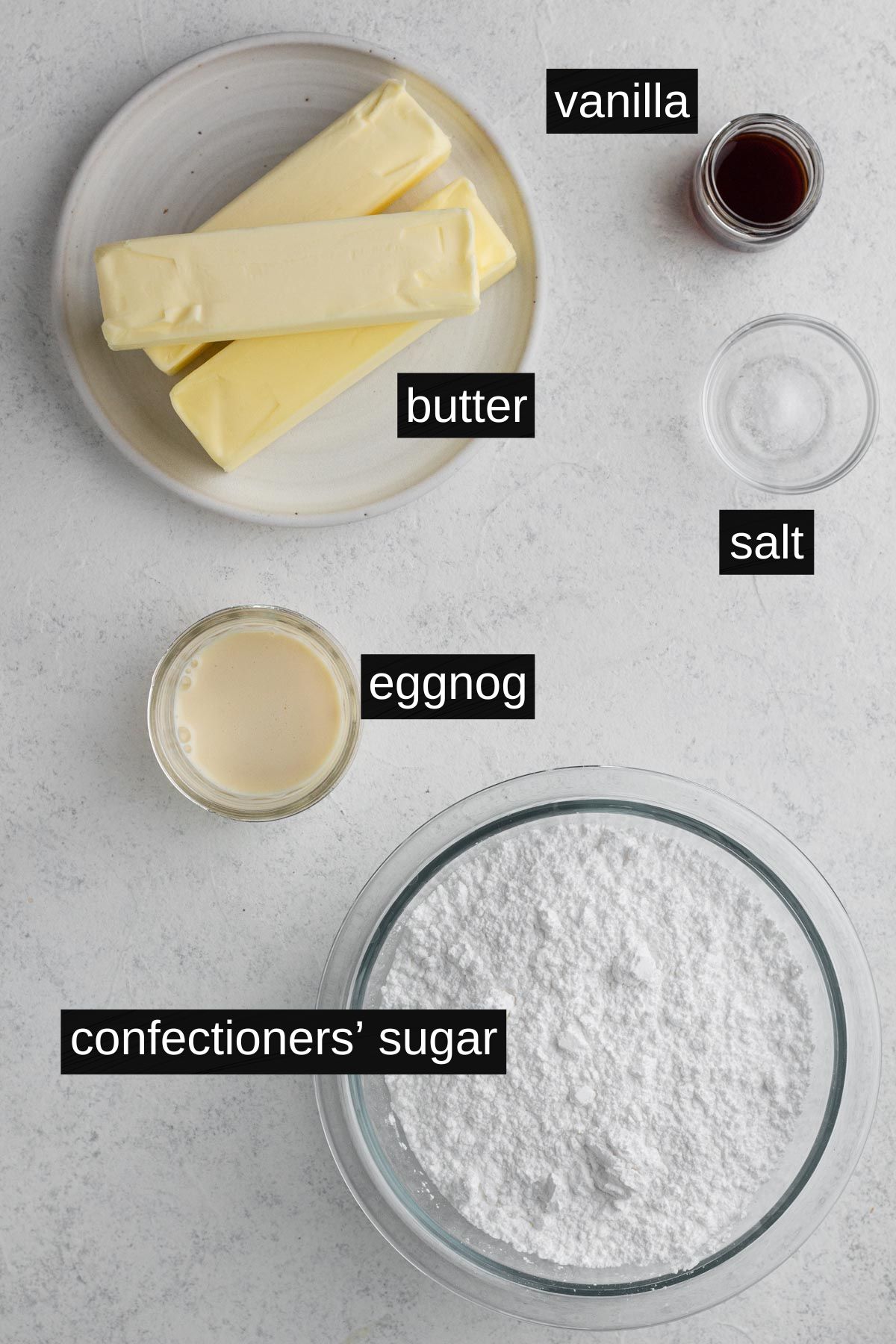 Recipe ingredients with labels on a white background.
