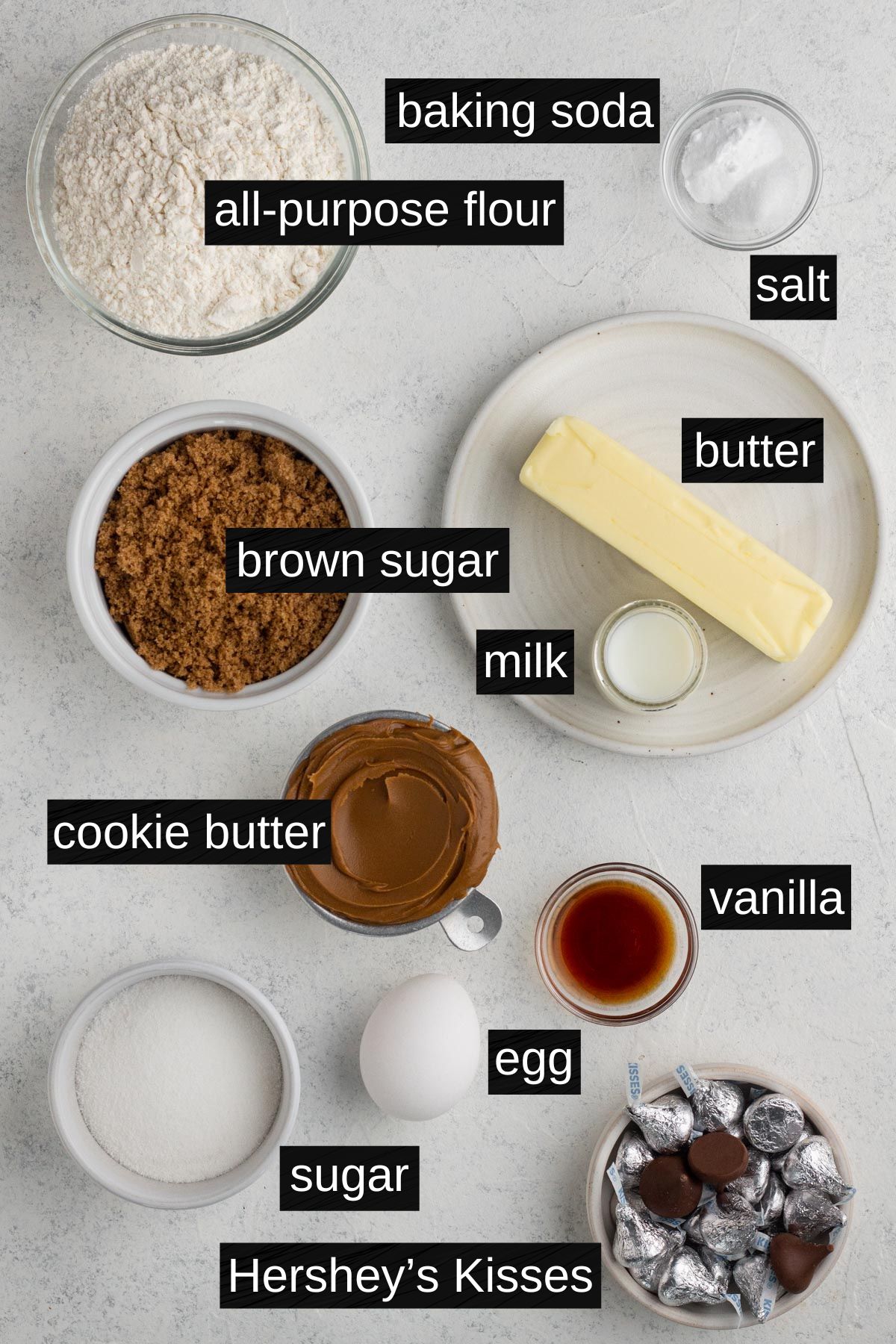 Recipe ingredients with labels on a white background.