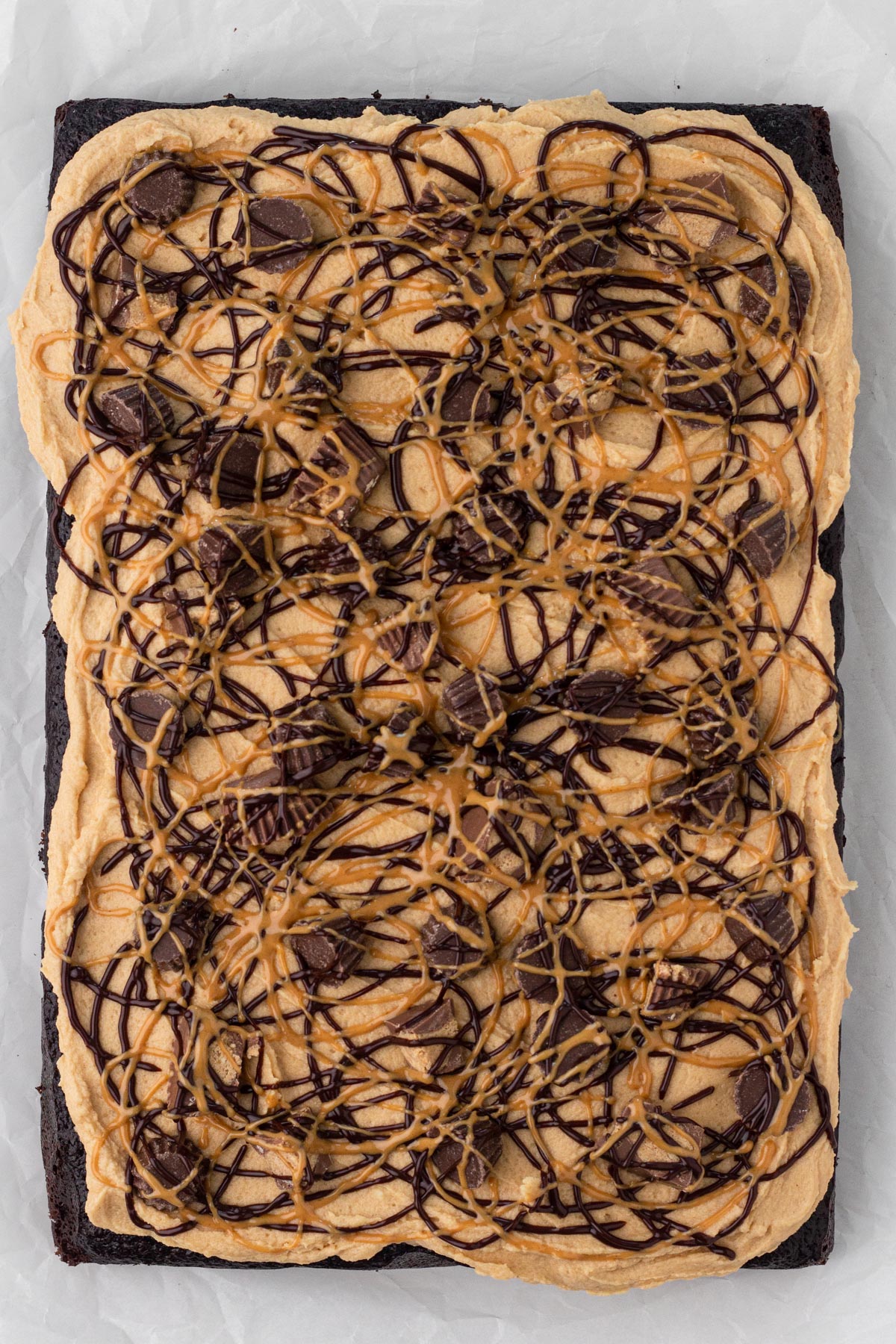 Cake topped with frosting, peanut butter cups, chocolate drizzle, and peanut butter drizzle.