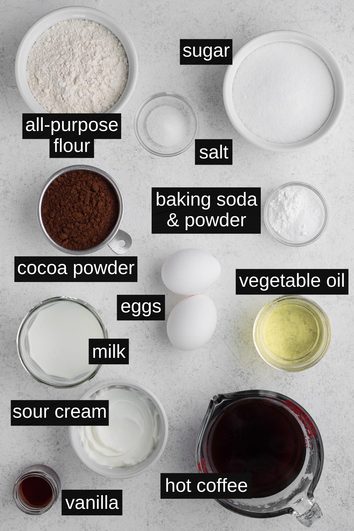 Cake recipe ingredients with labels on a white background.