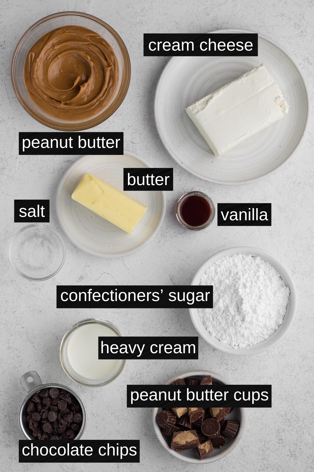 Frosting and topping ingredients with labels on a white background.