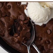 Close-up view of a spoonful of brownie with a text overlay.