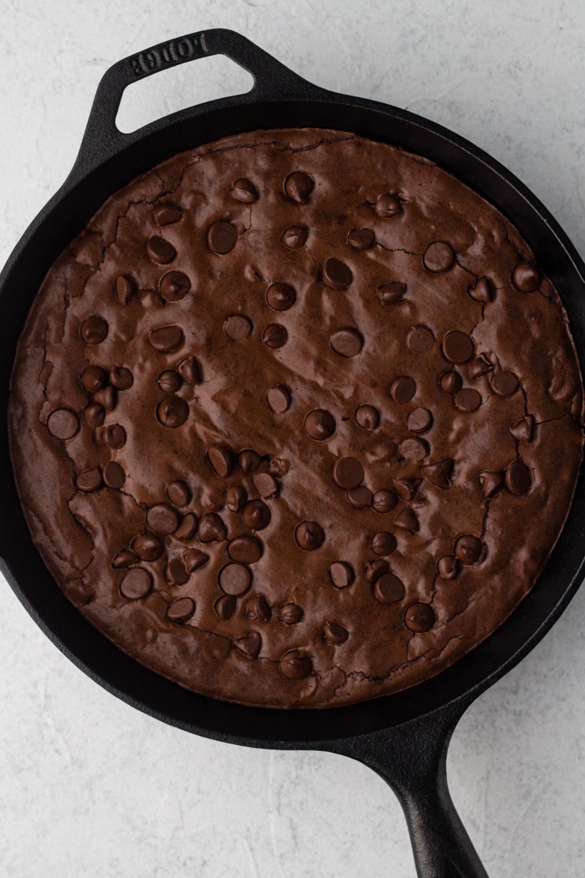 Baked brownie with chocolate chips in a cast iron skillet.