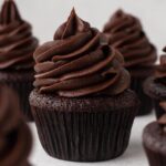 A chocolate cupcake topped with a swirl of chocolate frosting.