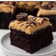 Side view of a square slice of chocolate cake topped with peanut butter frosting, a mini peanut butter cup, and chocolate drizzle on a white plate with a text overlay.