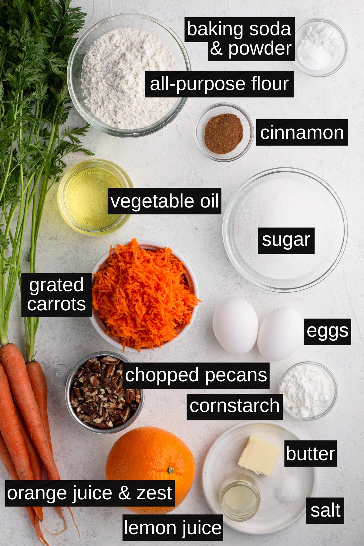 Recipe ingredients with labels on a white surface.