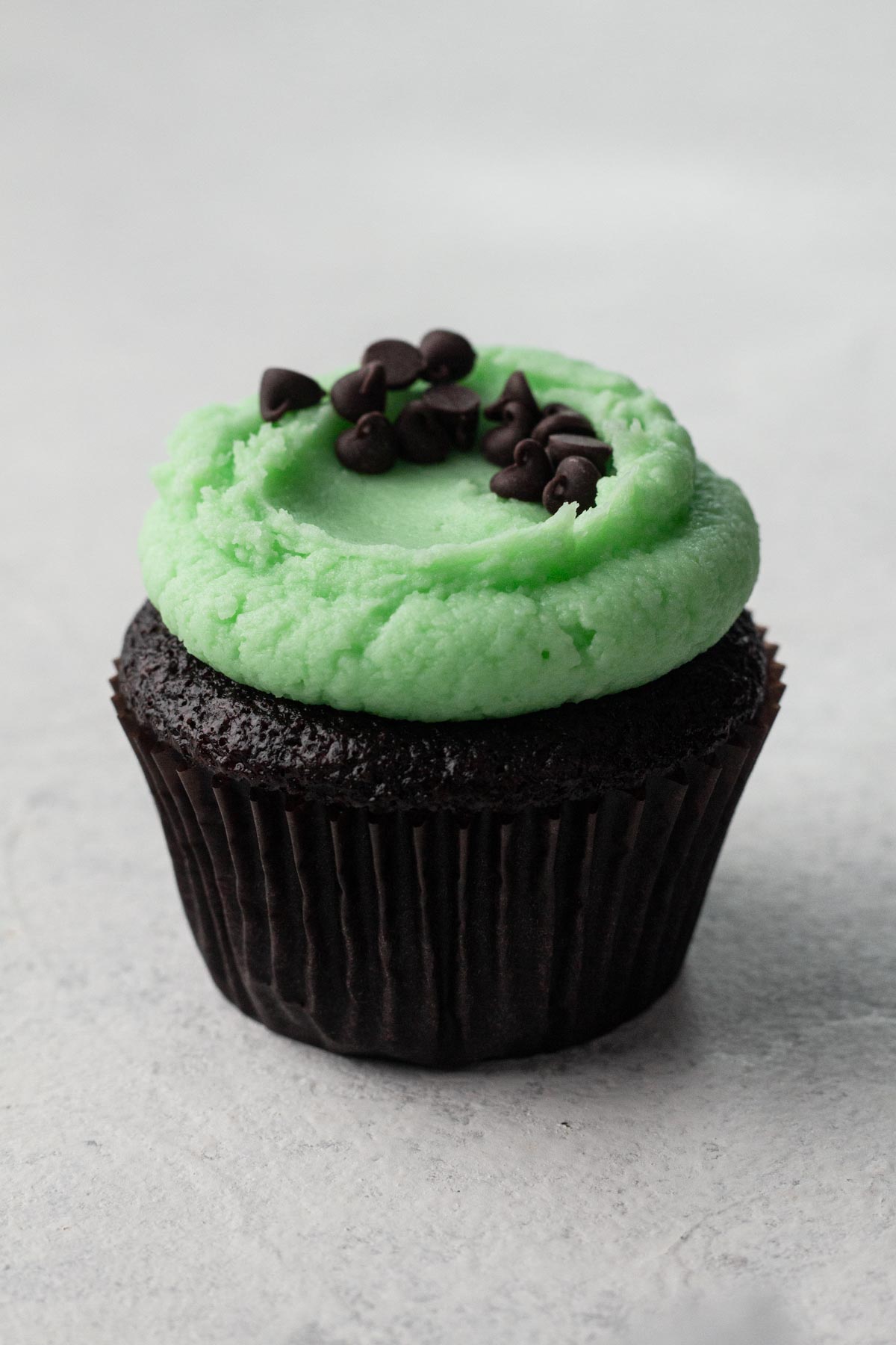 Chocolate cupcake with green frosting and mini chocolate chips.