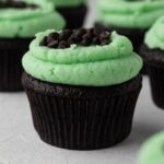 Close-up view of a chocolate cupcake topped with green frosting and mini chocolate chips.
