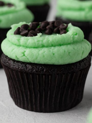 Close-up view of a chocolate cupcake topped with green frosting and mini chocolate chips.