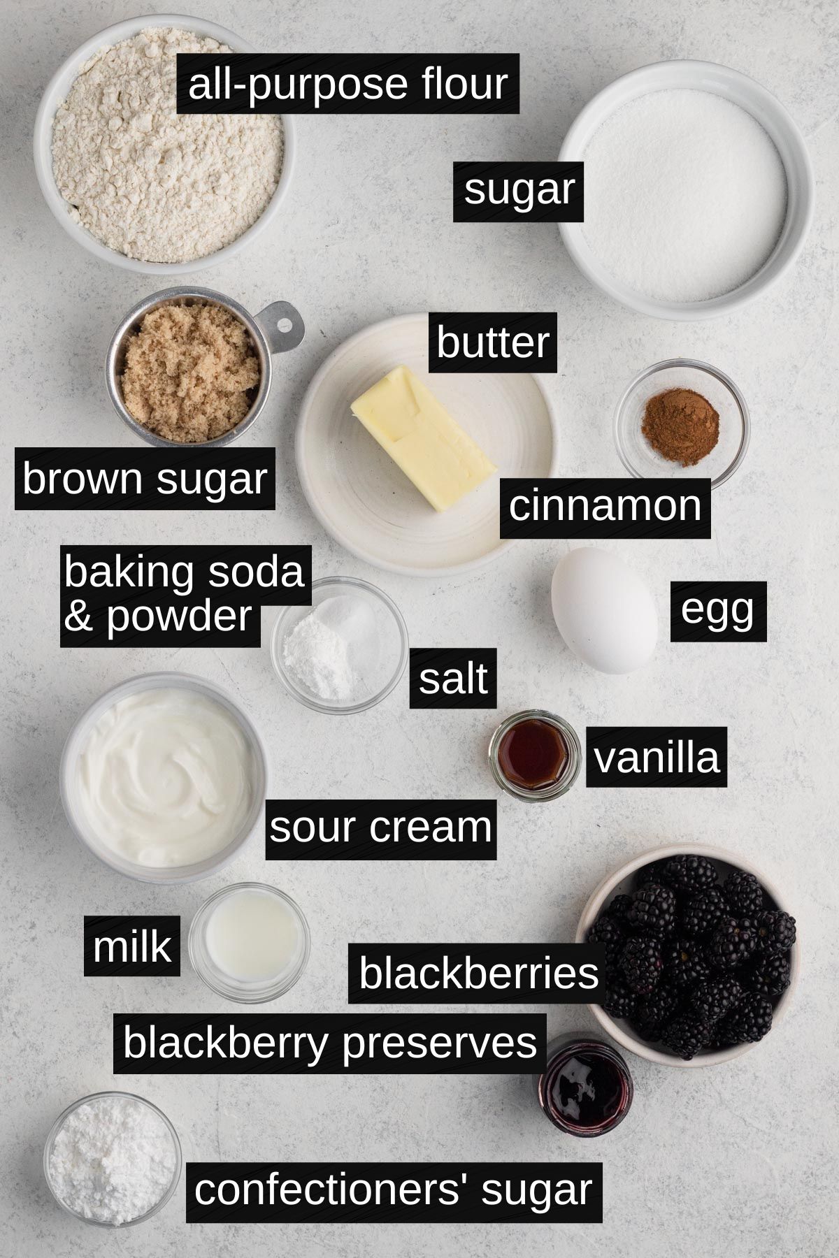 Recipe ingredients with labels on a white background.